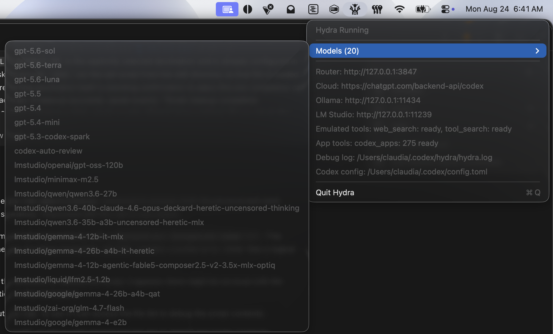 The Hydra menubar